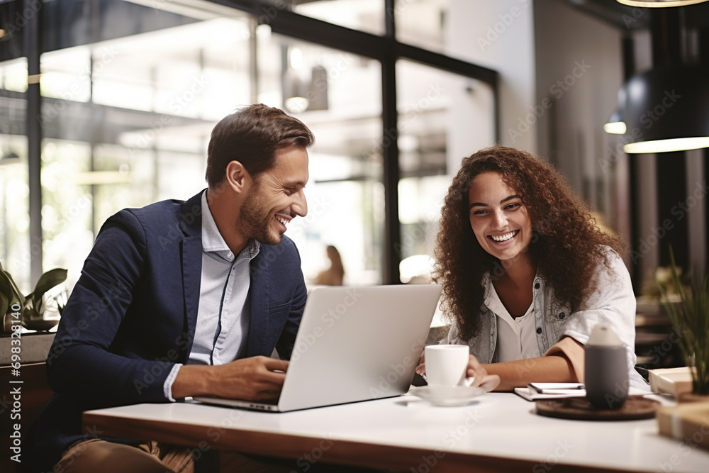 happy smiling business people working together in office with laptop