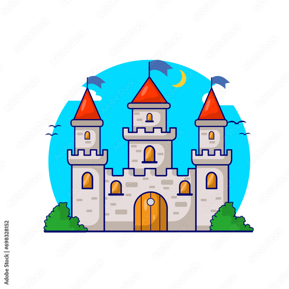 illustration of white royal castle with blue sky and moon, icon, isolated white illustration