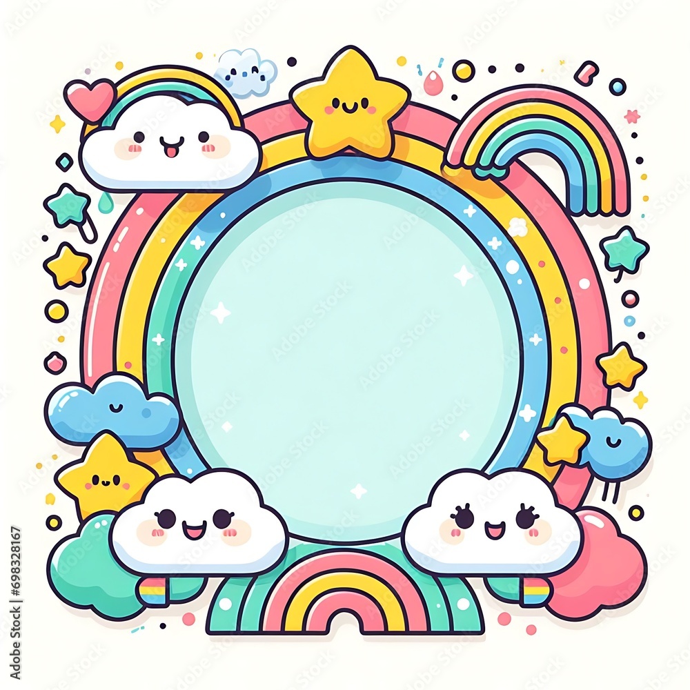 Cute frame with rainbow and clouds