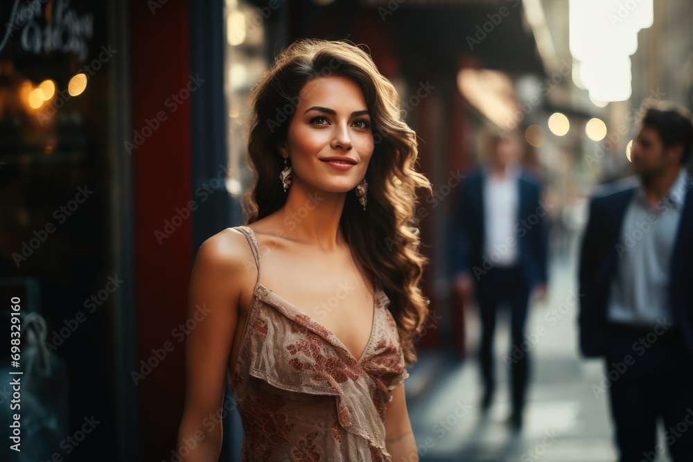 An attractive woman in a dress walking down the street.