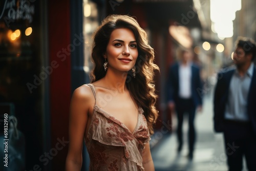 An attractive woman in a dress walking down the street.