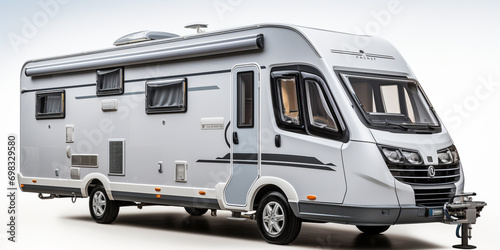 A white and black trailer on a white background Illustration of a Recreational Vehicle Motorhome Displaying a 3D miniature RV - Recreational Vehicle.AI Generative