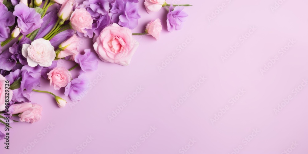 Spring flowers. Bouquet of LISIANTHUS AND EUSTOMA flowers on pastel background. Valentine's Day, Easter, Birthday, Happy Women's Day, Mother's Day. Flat lay, top view, copy space for text Spring flowers. Bouquet of LISIANTHUS AND EUSTOMA flowers on pastel background. Valentine's Day, Easter, Birthday, Happy Women's Day, Mother's Day. Flat lay, top view, copy space for text