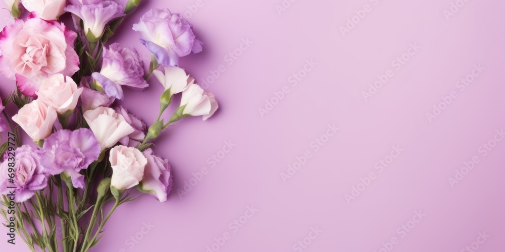 Spring flowers. Bouquet of LISIANTHUS AND EUSTOMA flowers on pastel background. Valentine's Day, Easter, Birthday, Happy Women's Day, Mother's Day. Flat lay, top view, copy space for text