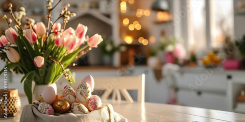 A festive Easter table setting featuring a bouquet of pink tulips and a bowl of decorated eggs with golden patterns in a warmly lit room. web banner design