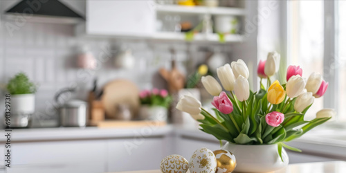 Colorful tulips in a white vase with decorative Easter eggs on a modern kitchen counter, with a blurred background. web banner design #698329738