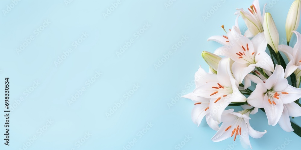 Spring flowers lily. Bouquet of flowers on pastel background. Valentine's Day, Easter, Birthday, Happy Women's Day, Mother's Day. Flat lay, top view, copy space for text Spring flowers lily. Bouquet of flowers on pastel background. Valentine's Day, Easter, Birthday, Happy Women's Day, Mother's Day. Flat lay, top view, copy space for text