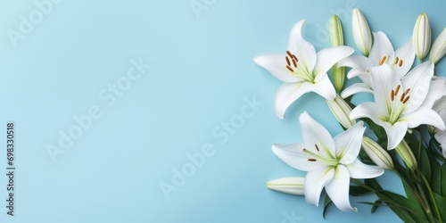 Spring flowers lily. Bouquet of flowers on pastel background. Valentine's Day, Easter, Birthday, Happy Women's Day, Mother's Day. Flat lay, top view, copy space for text