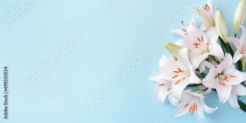 Spring flowers lily. Bouquet of flowers on pastel background. Valentine's Day, Easter, Birthday, Happy Women's Day, Mother's Day. Flat lay, top view, copy space for text © megavectors