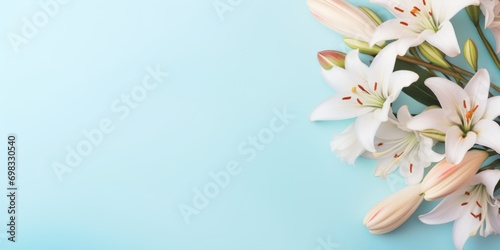 Spring flowers lily. Bouquet of flowers on pastel background. Valentine s Day  Easter  Birthday  Happy Women s Day  Mother s Day. Flat lay  top view  copy space for text