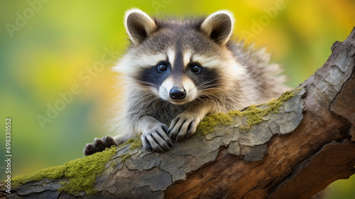 A close-up of a raccoon resting on a tree branch, with a blurred green background.