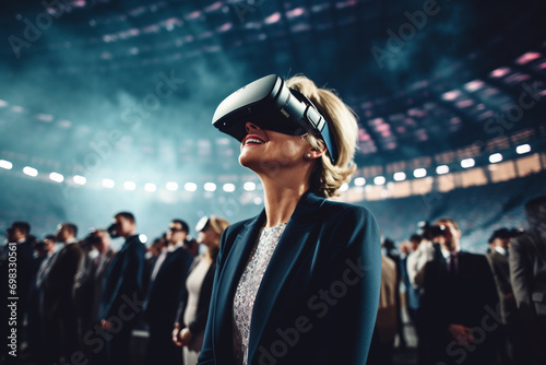 happy smiling group of businessmen wearing VR glasses on future meeting  photo