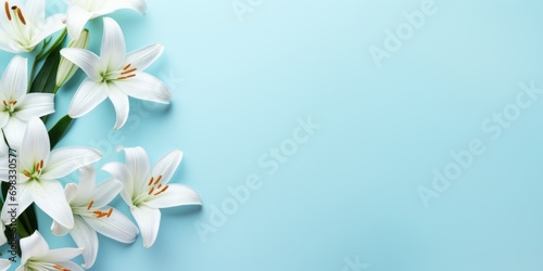 Spring flowers lily. Bouquet of flowers on pastel background. Valentine's Day, Easter, Birthday, Happy Women's Day, Mother's Day. Flat lay, top view, copy space for text photo