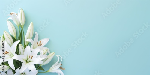 Spring flowers lily. Bouquet of flowers on pastel background. Valentine's Day, Easter, Birthday, Happy Women's Day, Mother's Day. Flat lay, top view, copy space for text photo