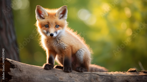 A young fox standing on a log in a forest with sunlight filtering through trees.