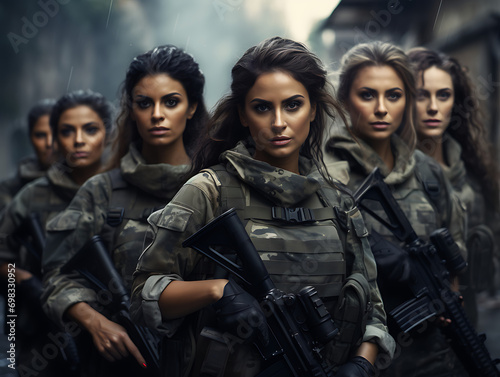 Grupo de mujeres militares guerreras luchando en la guerra para proteger a la población © Julio