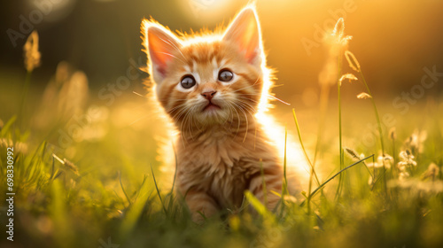 An adorable orange kitten with bright eyes in a sunlit field.