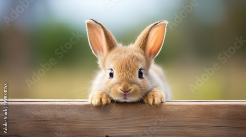 A tan bunny peeking over a wooden ledge with soft background.
