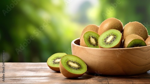 Portrait kiwi fruit slice on the wooden bowl AI Generative photo