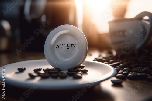 Button with coffee cup graphic superimposed. Generative AI