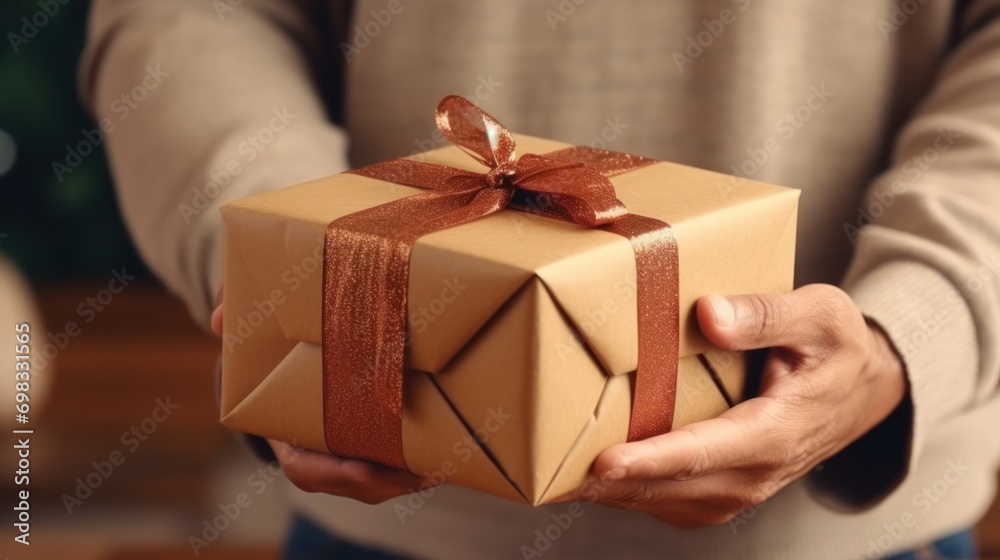 Person holding gift box with ribbon, festive giving concept.
