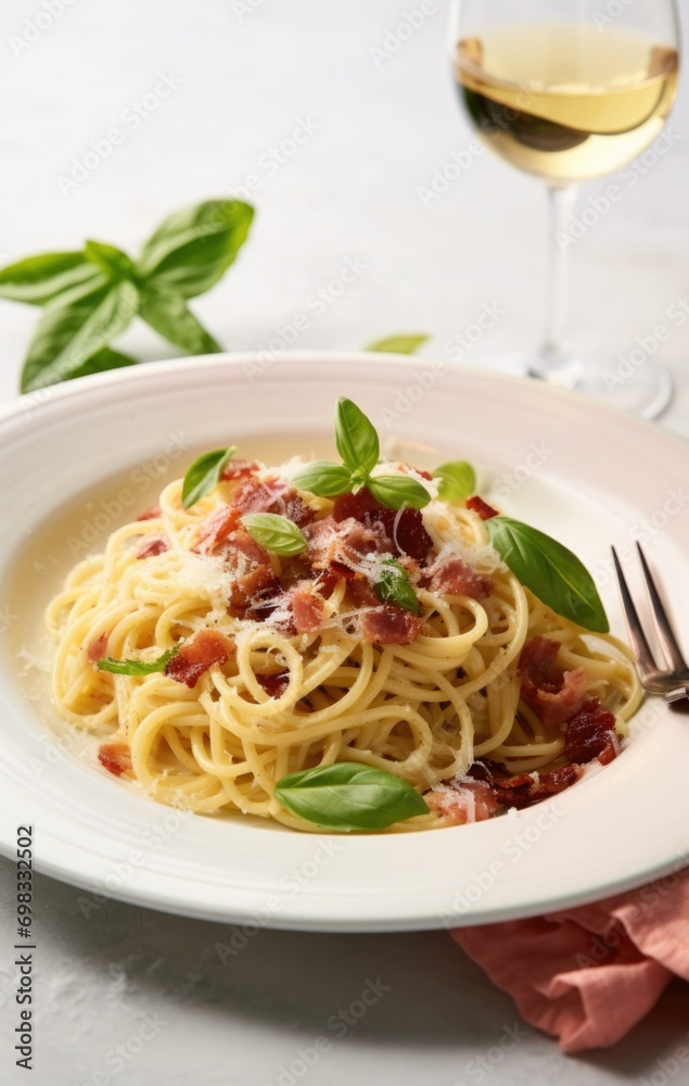 A gourmet bowl of homemade spaghetti carbonara, and  cheese. Served on a white ceramic plate with garlic bread and a glass of red wine. Generative AI.