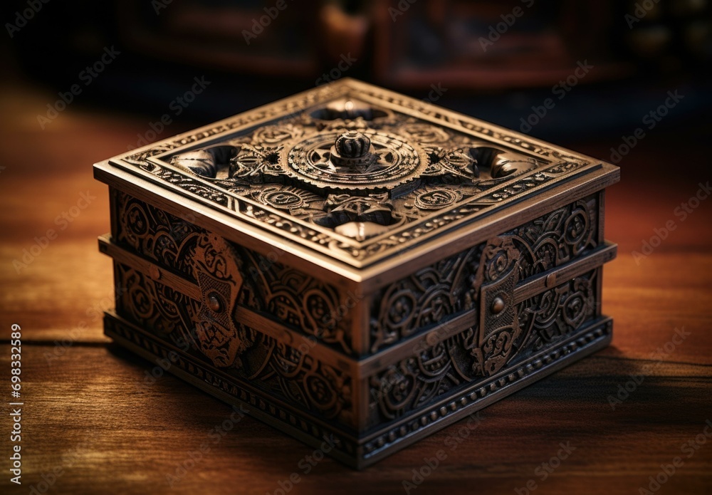 A beautifully crafted wooden puzzle box with intricate designs and hidden compartments. Generative AI.