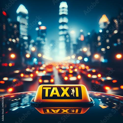 Fast Night Glowing Yellow Taxi, Roof Sign on Top of a Car Against a Blurry Nighttime Cityscape. Businessman Taking Ride Service City Route at On-Line Mobile Application Smartphone Pointer Map Marker