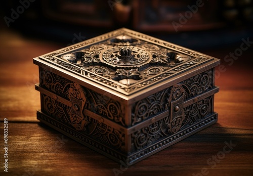 A beautifully crafted wooden puzzle box with intricate designs and hidden compartments. Generative AI. © serg3d