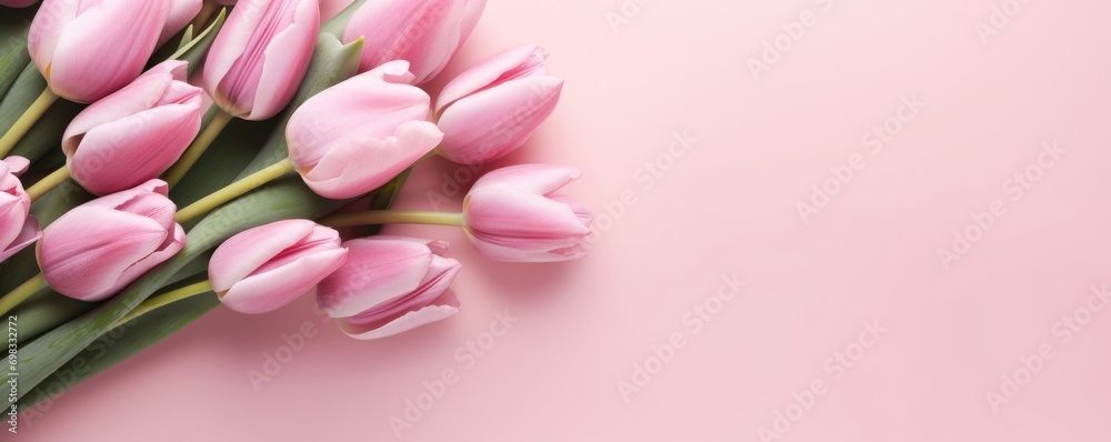 Spring flowers tulip. Bouquet of flowers on pastel pink background. Valentine's Day, Easter, Birthday, Happy Women's Day, Mother's Day. Flat lay, top view, copy space for text