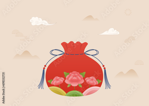 Vector illustration of a red lucky bag with peony flower pattern.
