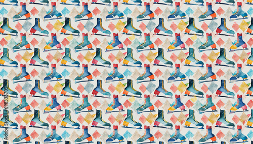 retro pop hand drawn watercolor ice skating motif seamless pattern, vector graphic resources, 16:9 widescreen wallpaper / backdrop,