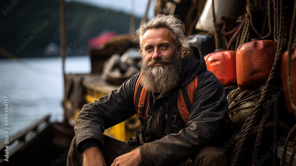 Portrait of a handsome bearded man sitting on the deck of a fishing boat