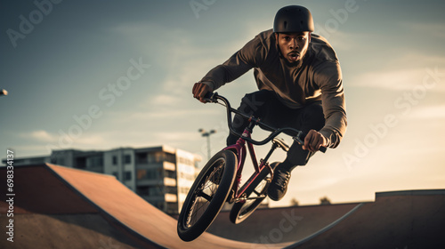 An energetic BMX rider performing tricks in an urban skate park.