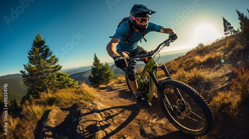 An exciting downhill mountain biking adventure with a rider navigating steep terrain.