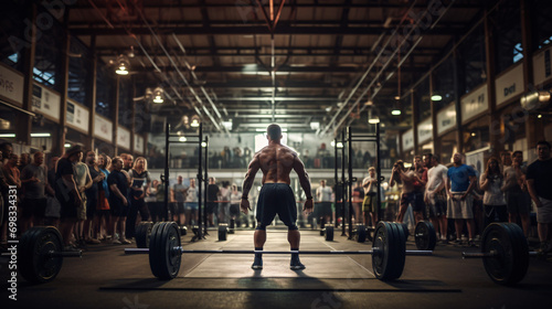 An intense CrossFit competition in a well-equipped gym.