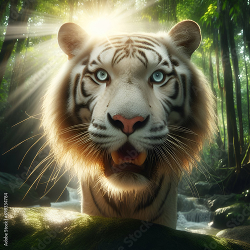 Beautiful Female Portrait Close-up of a Majestic Big Strong Bleached White Fur Albino Tiger Head (Panthera tigris) of India with Blue Turquoise Eyes & Sun Shining Through the Green Jungle Forest Zoo photo