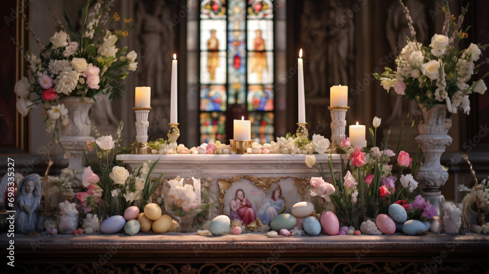 A beautifully decorated Easter church altar with flowers and candles.