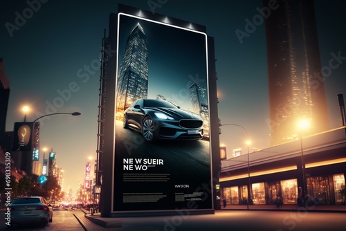 Tall lit billboard on urban street with surrounding buildings, vehicles and available advertising. Generative AI photo