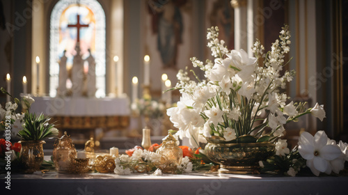 A beautifully decorated Easter church altar with flowers and candles.
