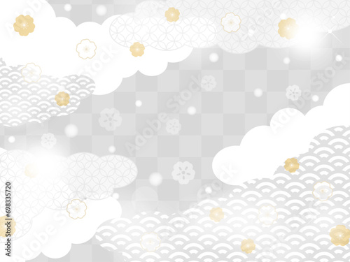 かわいい和柄の雲と春の花、シルバーの正月や新春の桜の背景