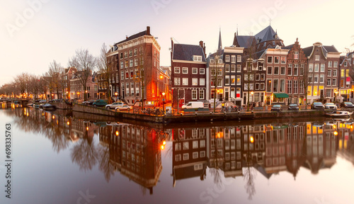Panorama of Amsterdam canal Herengracht with typical dutch houses, Holland, Netherlands.