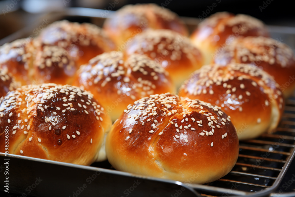 Freshly baked buns with sesame seeds on baking sheet.