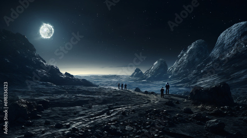 A group of astronauts exploring the rugged terrain of an asteroid belt.