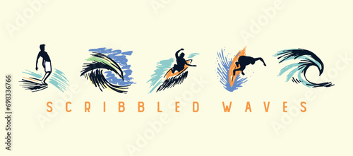 Vector illustration of waves and surfers. Art in a stripped-down style in free strokes, handmade.