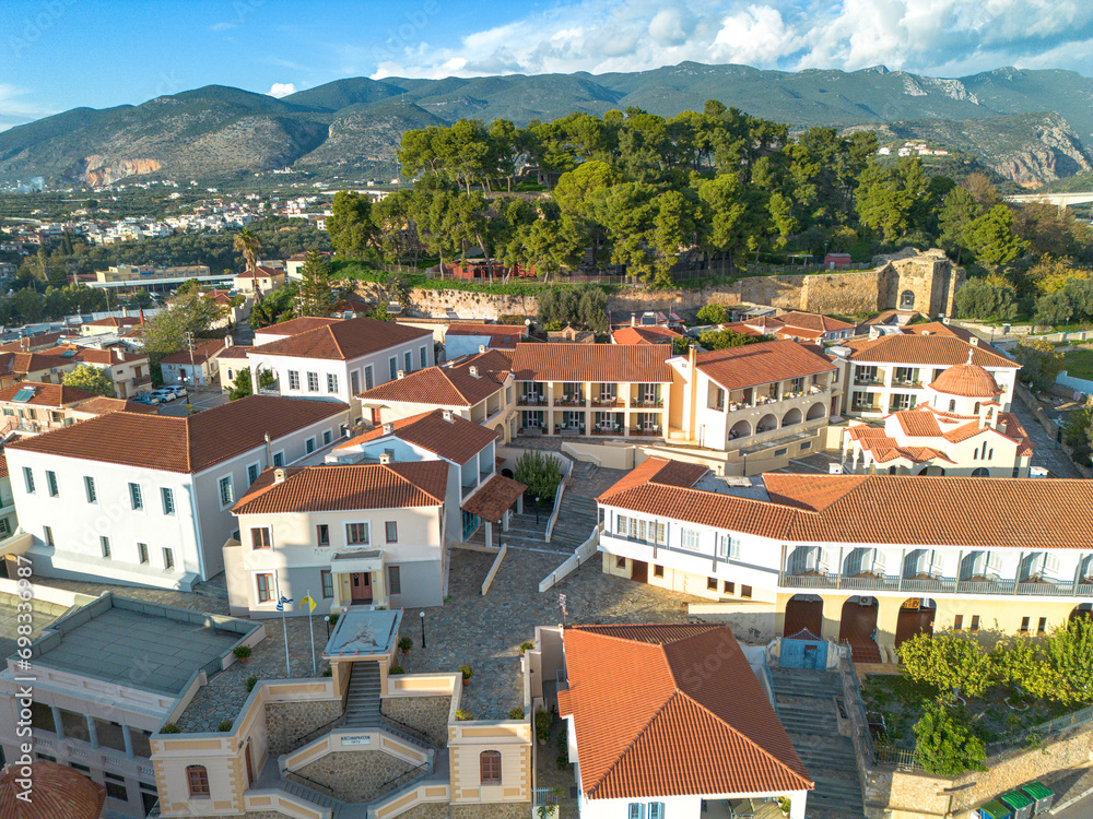 Aerial view over the old historical center of Kalamata seaside city, Greece by the Castle of Kalamata.