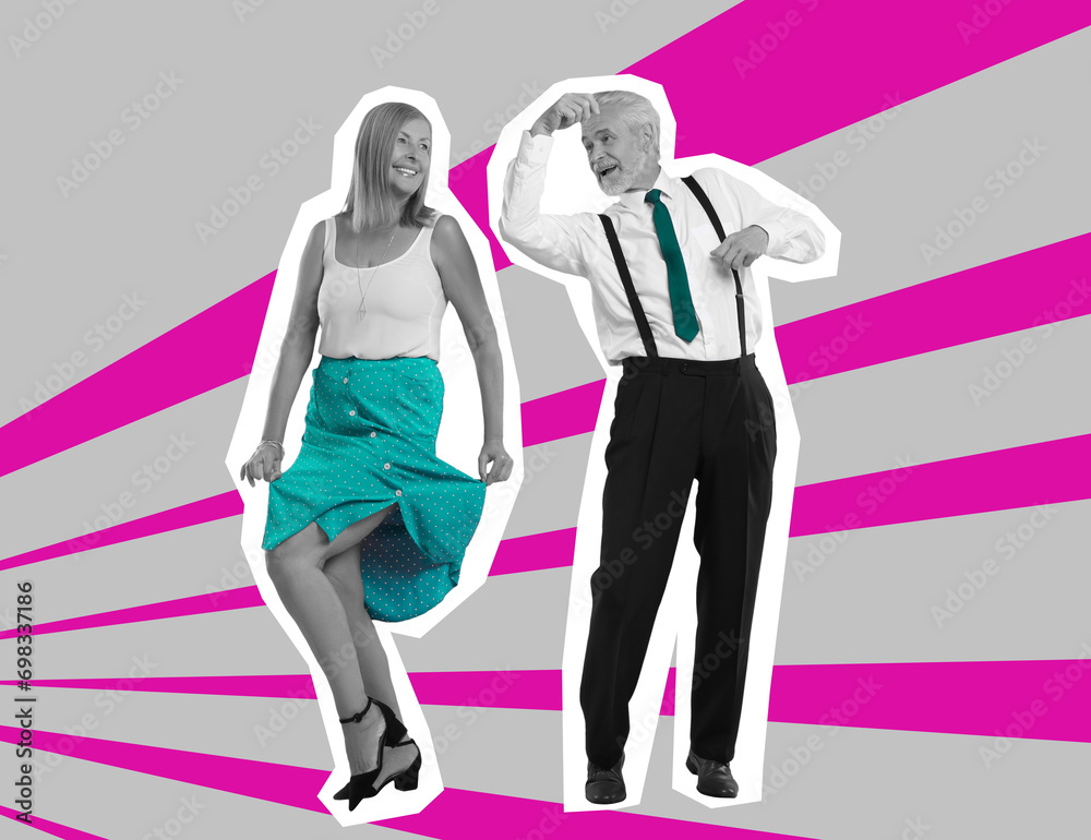 Happy couple dancing on bright background. Creative collage with stylish mature man and woman. Concept of music, energy, party, fashion, lifestyle Happy couple dancing on bright background. Creative collage with stylish mature man and woman. Concept of music, energy, party, fashion, lifestyle