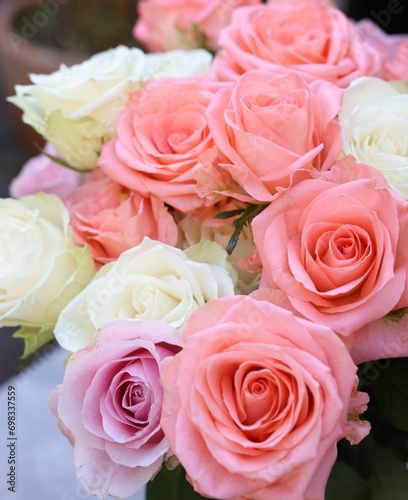 Beautiful bouquet of aromatic roses outdoors  closeup