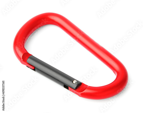 One red metal carabiner isolated on white