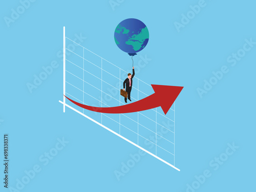 Businessman hanging on the globe flying up the chart isometric 3d vector concept